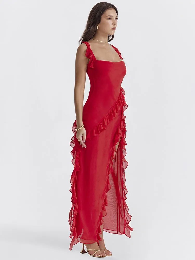 Red Ruffle Stylish Split Maxi Dress