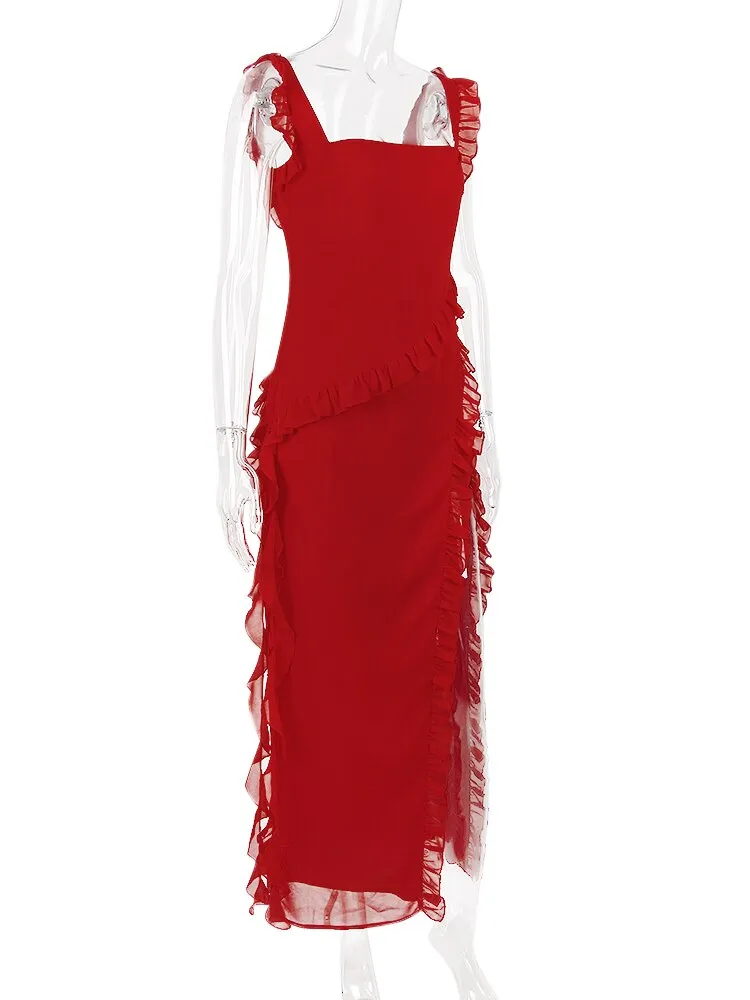 Red Ruffle Stylish Split Maxi Dress