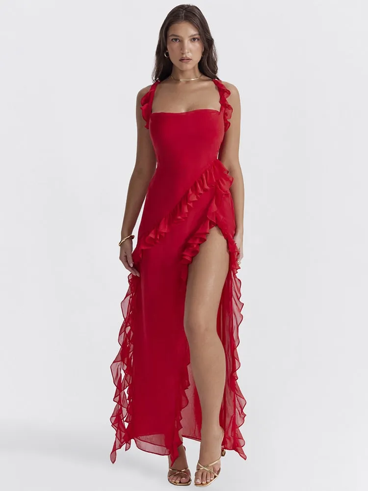 Red Ruffle Stylish Split Maxi Dress