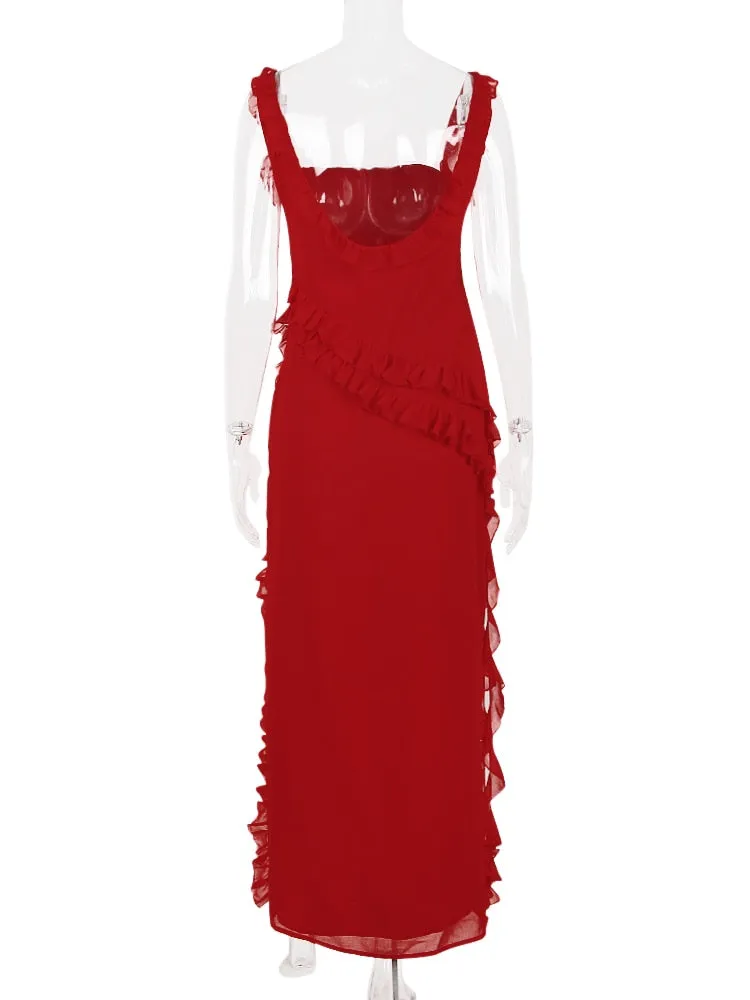 Red Ruffle Stylish Split Maxi Dress