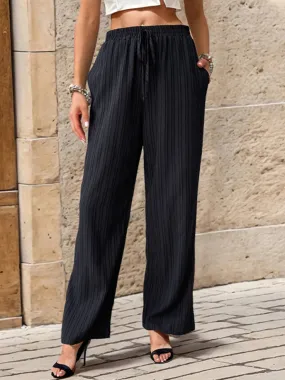 Ribbed Trousers - Women's Straight-Leg Pants with Handy Pockets