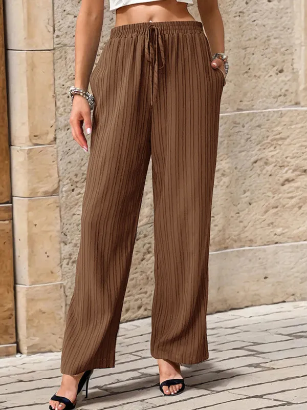 Ribbed Trousers - Women's Straight-Leg Pants with Handy Pockets