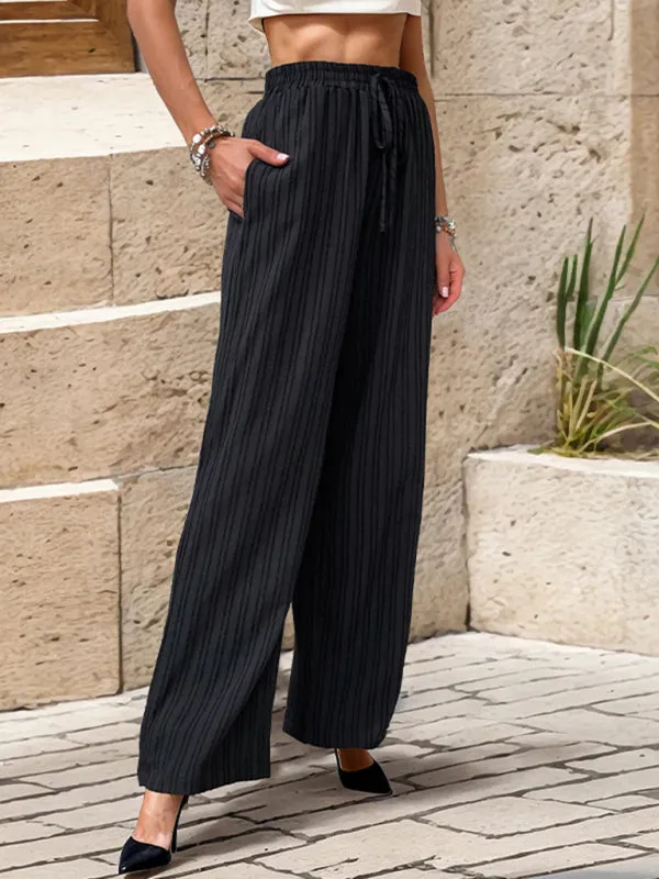 Ribbed Trousers - Women's Straight-Leg Pants with Handy Pockets