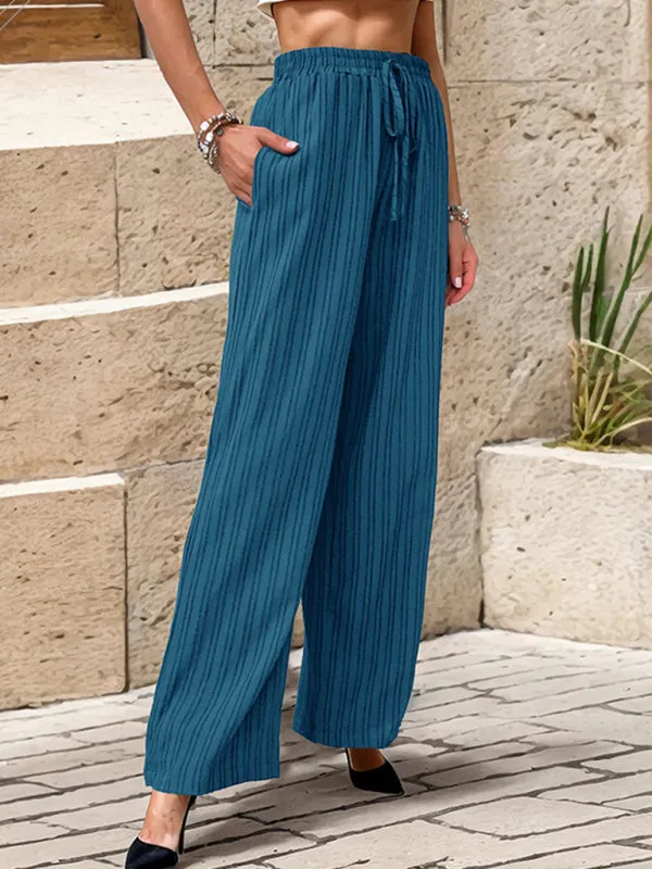 Ribbed Trousers - Women's Straight-Leg Pants with Handy Pockets