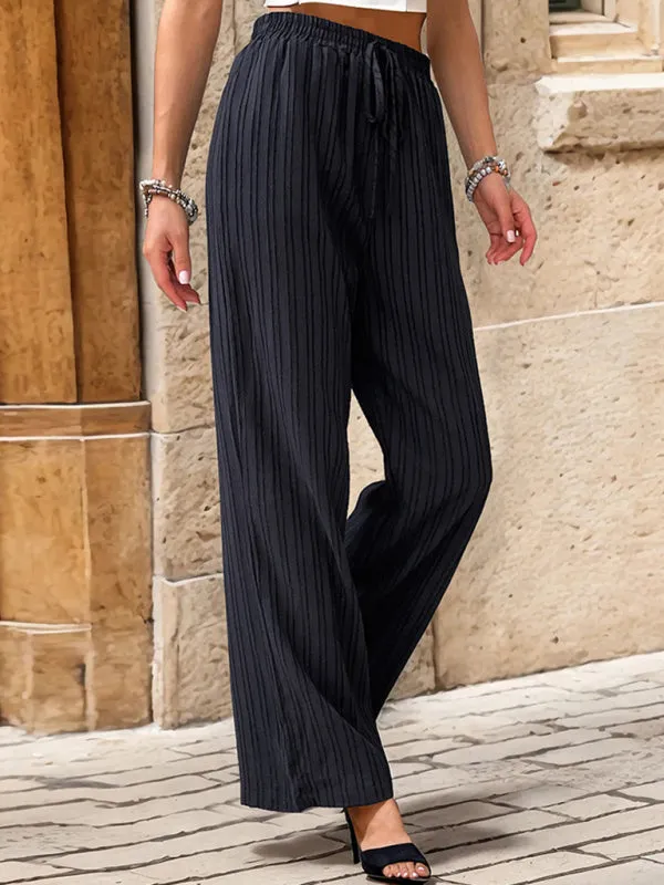 Ribbed Trousers - Women's Straight-Leg Pants with Handy Pockets