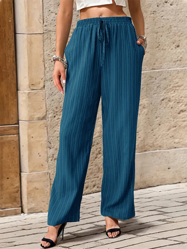 Ribbed Trousers - Women's Straight-Leg Pants with Handy Pockets