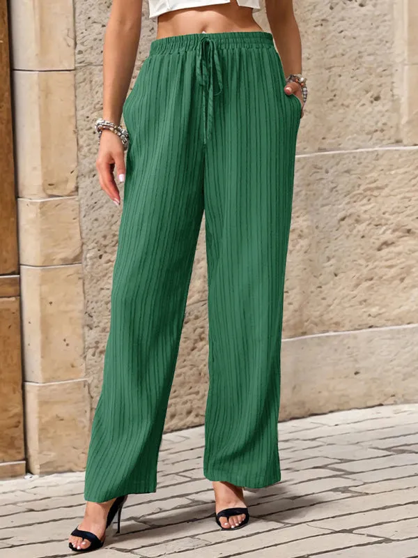 Ribbed Trousers - Women's Straight-Leg Pants with Handy Pockets