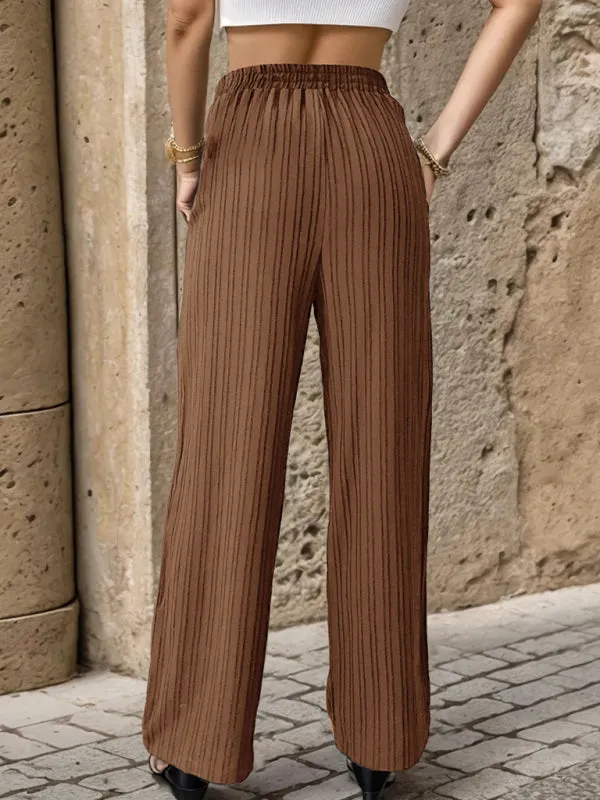 Ribbed Trousers - Women's Straight-Leg Pants with Handy Pockets