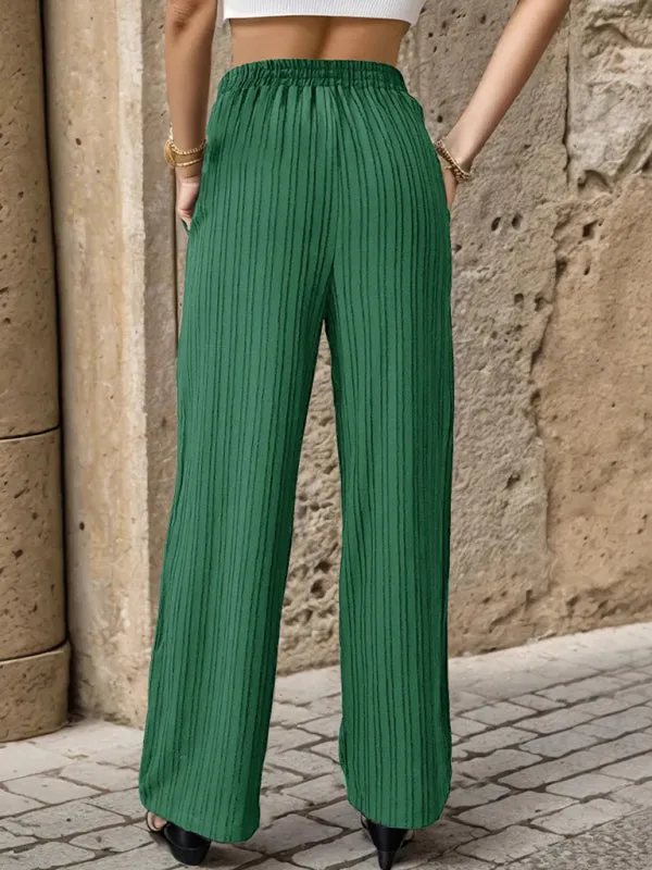 Ribbed Trousers - Women's Straight-Leg Pants with Handy Pockets