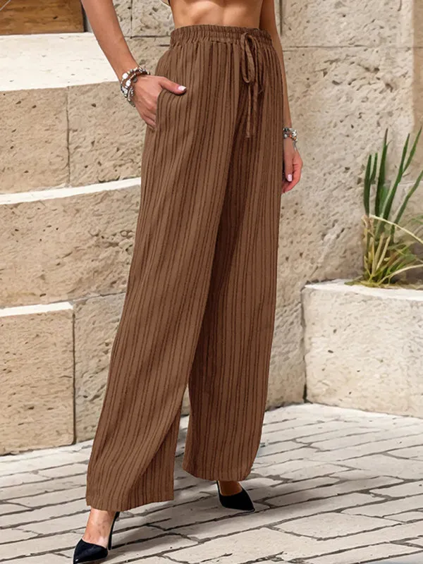 Ribbed Trousers - Women's Straight-Leg Pants with Handy Pockets