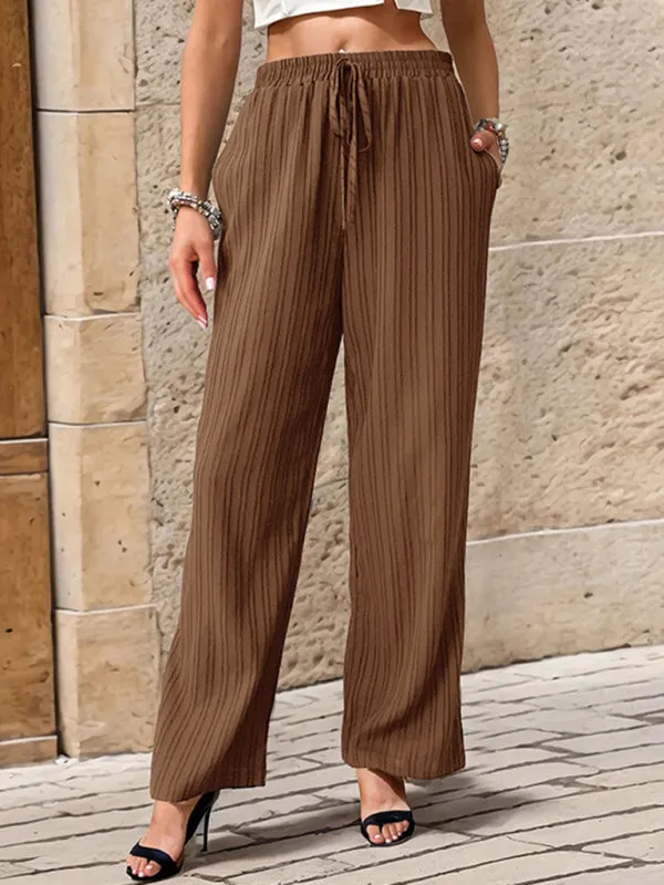 Ribbed Trousers - Women's Straight-Leg Pants with Handy Pockets