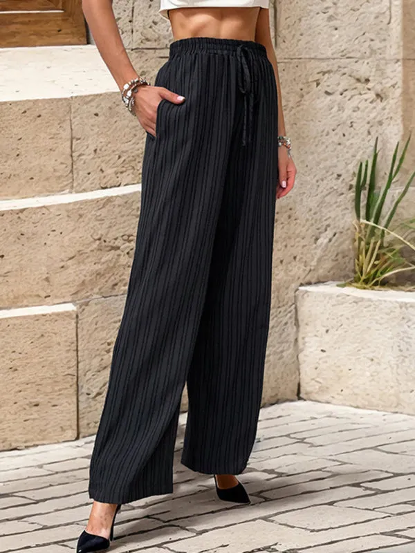 Ribbed Trousers - Women's Straight-Leg Pants with Handy Pockets