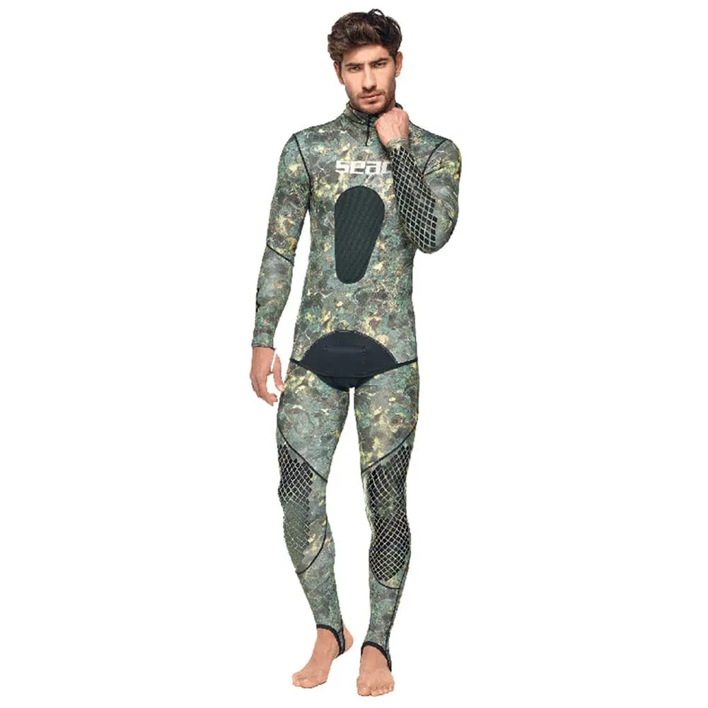 SEAC Pirana Lycra Two-Piece Camouflage Scuba Diving Spearfishing Wetsuit with Chest Guard and PU Protectors on Knees, Elbows and Lower Back