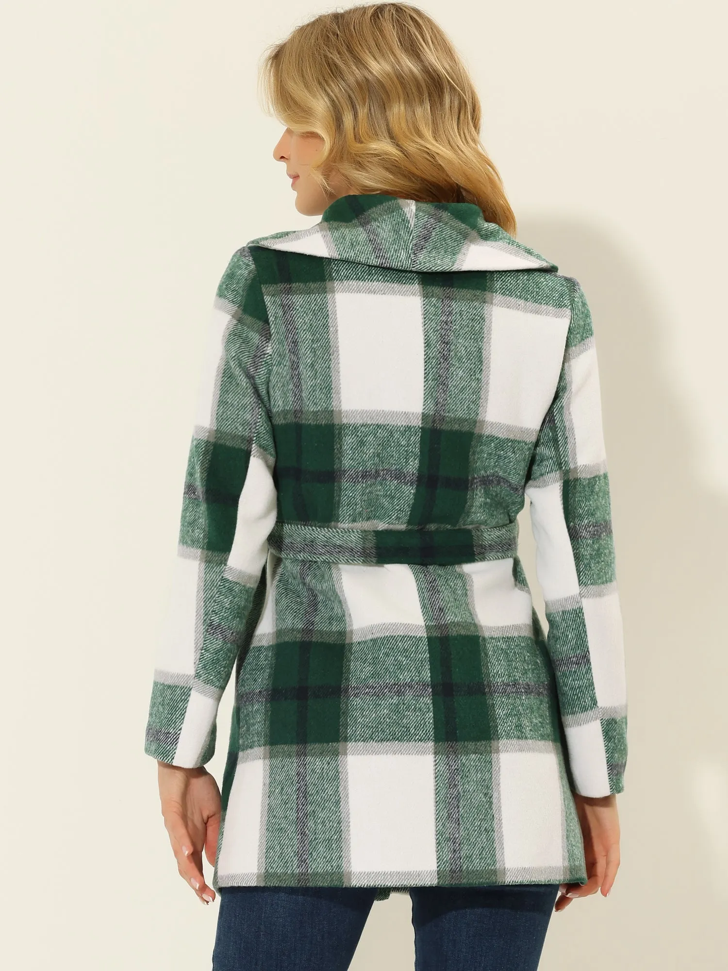 Shawl Collar Check Belted Wrap Plaid Coat with Pockets