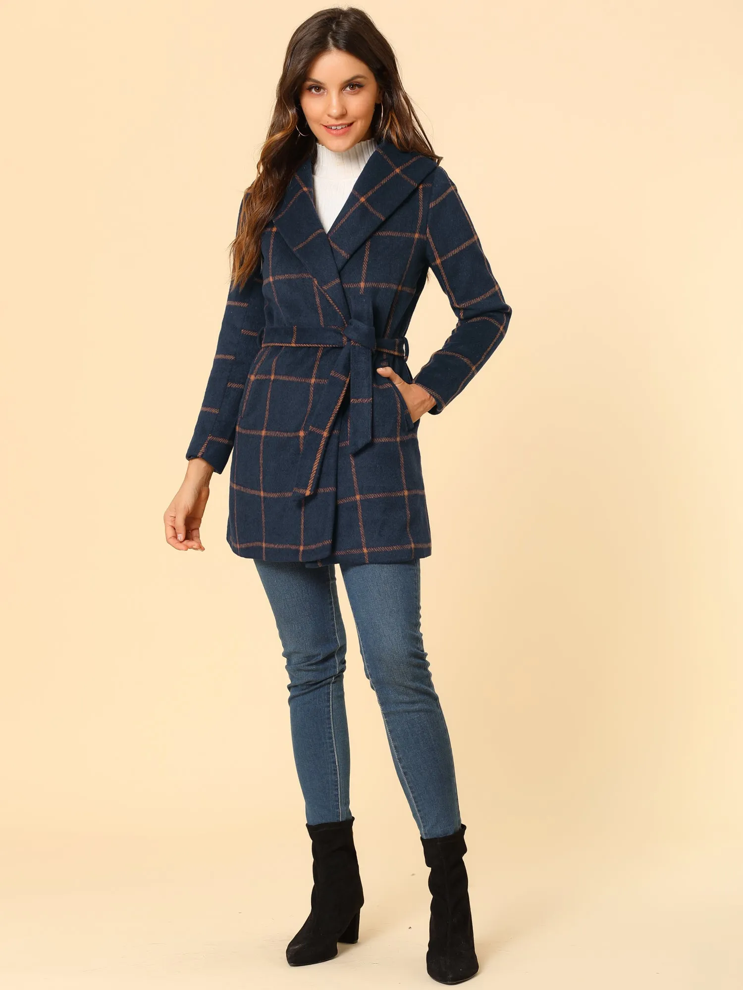 Shawl Collar Check Belted Wrap Plaid Coat with Pockets