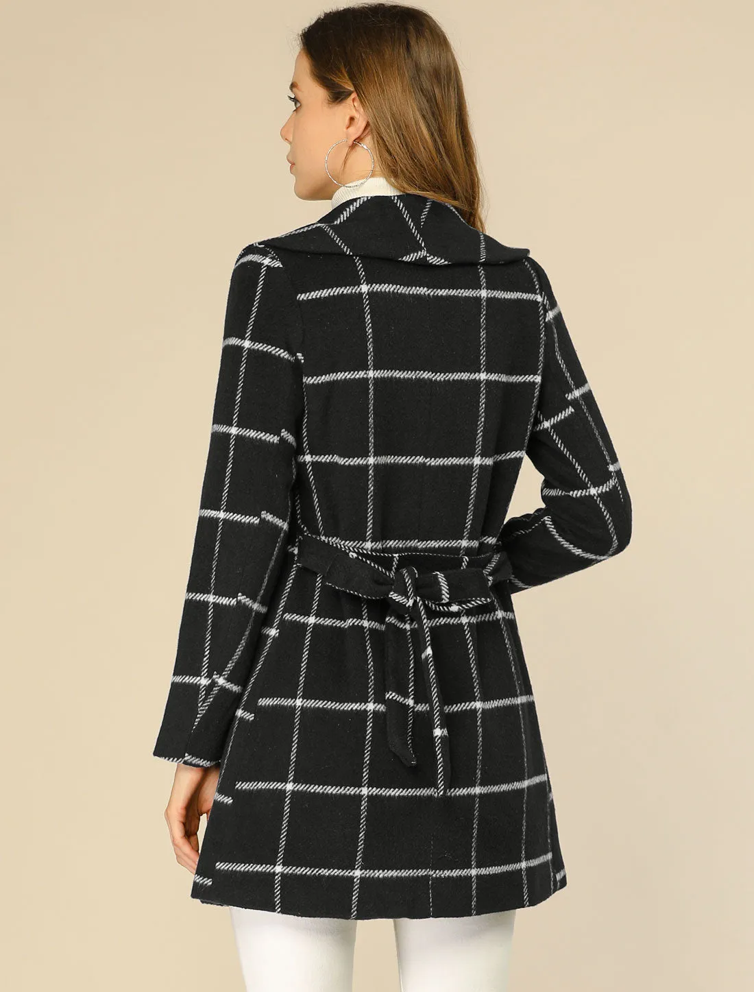 Shawl Collar Check Belted Wrap Plaid Coat with Pockets