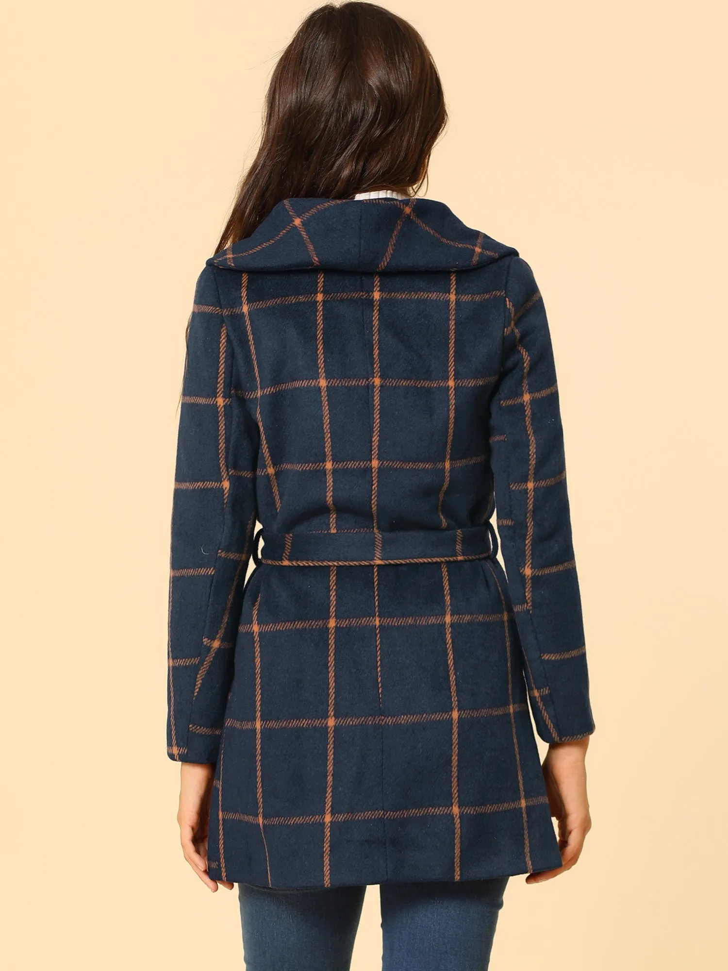 Shawl Collar Check Belted Wrap Plaid Coat with Pockets