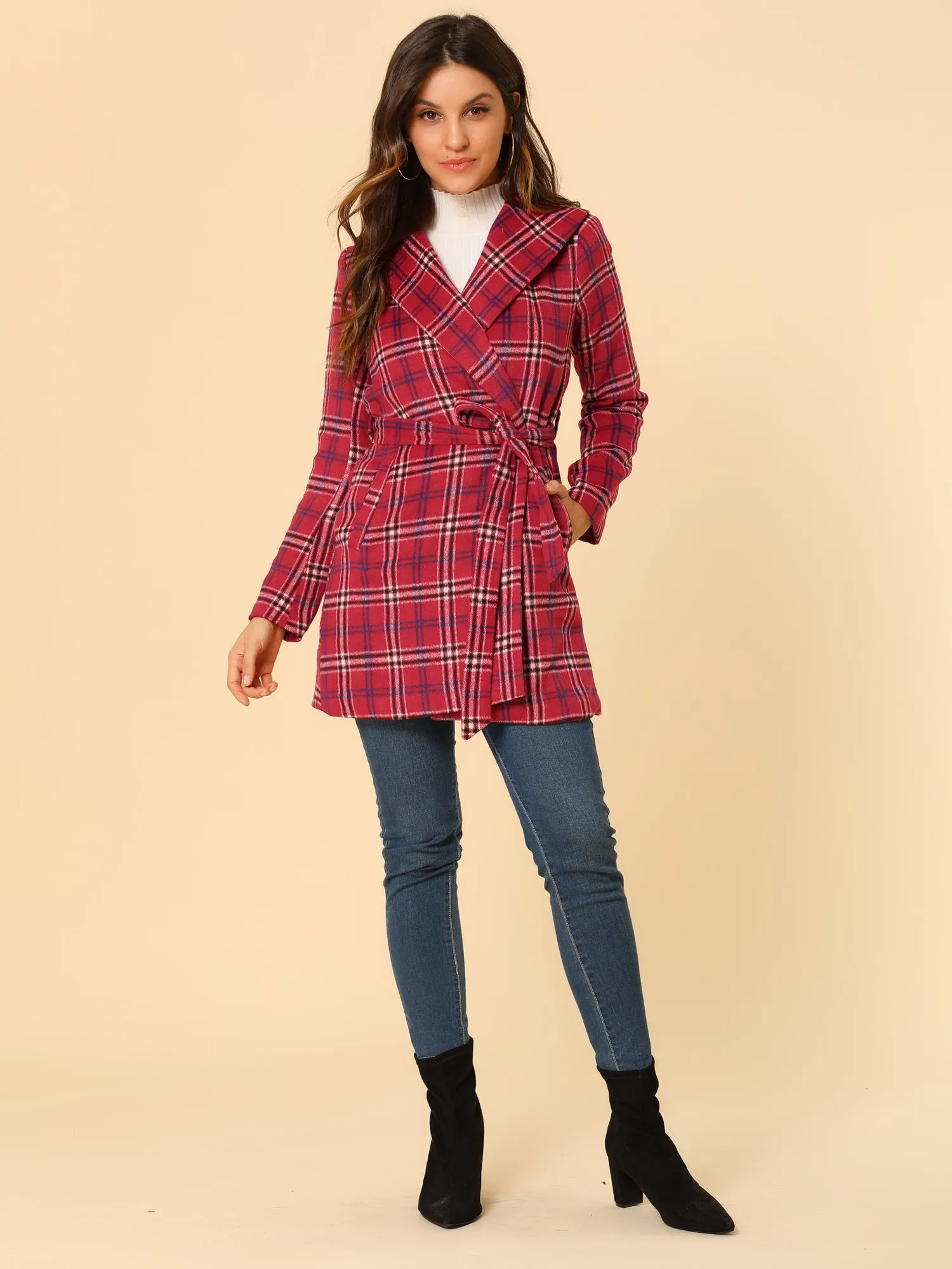 Shawl Collar Check Belted Wrap Plaid Coat with Pockets