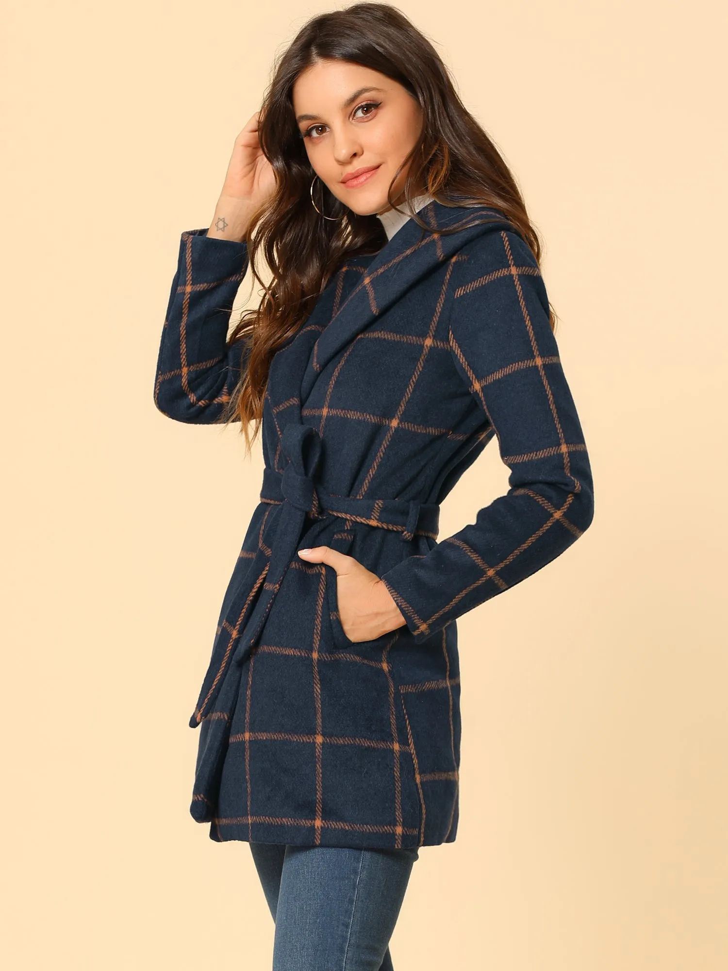 Shawl Collar Check Belted Wrap Plaid Coat with Pockets