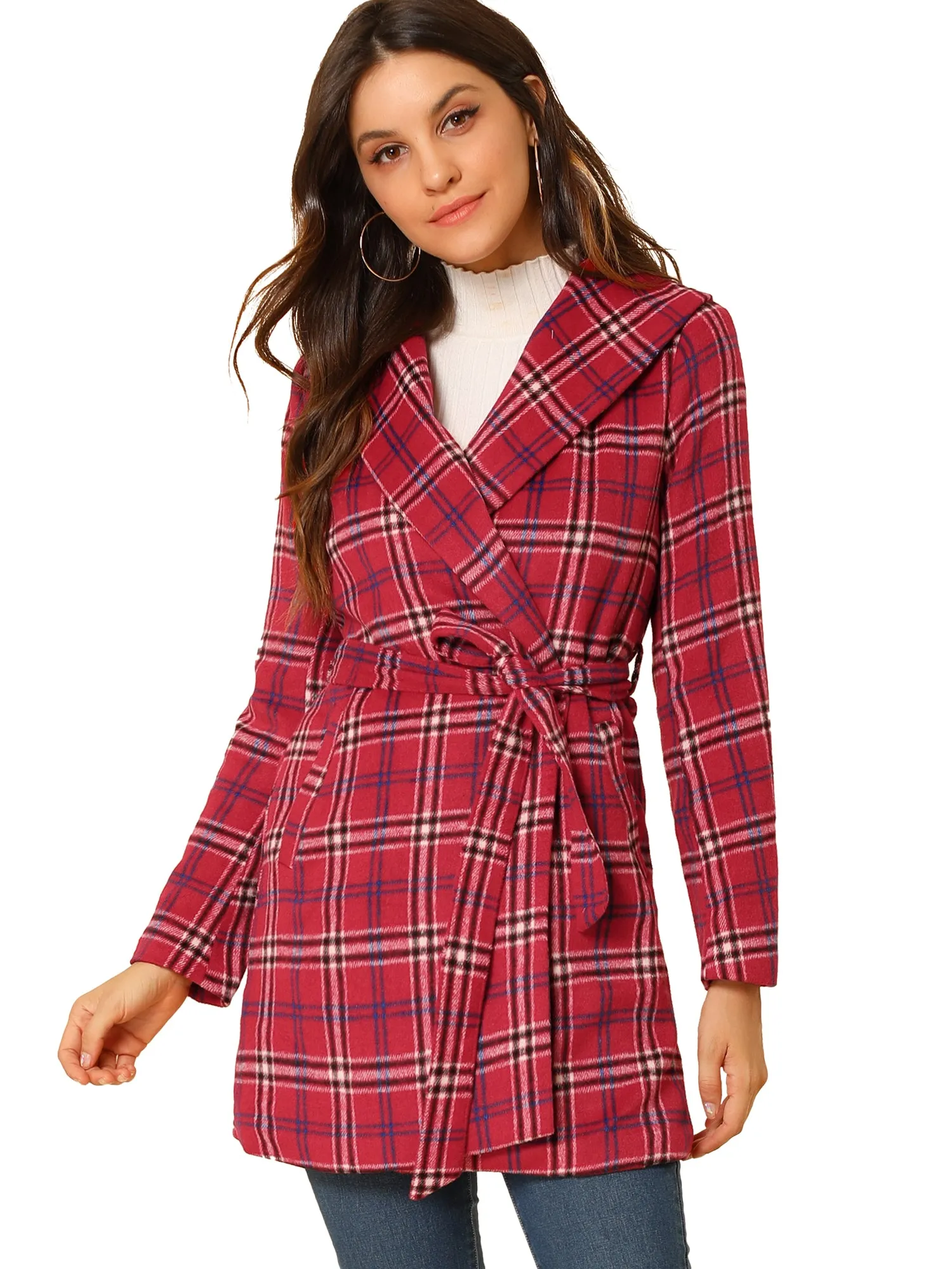 Shawl Collar Check Belted Wrap Plaid Coat with Pockets