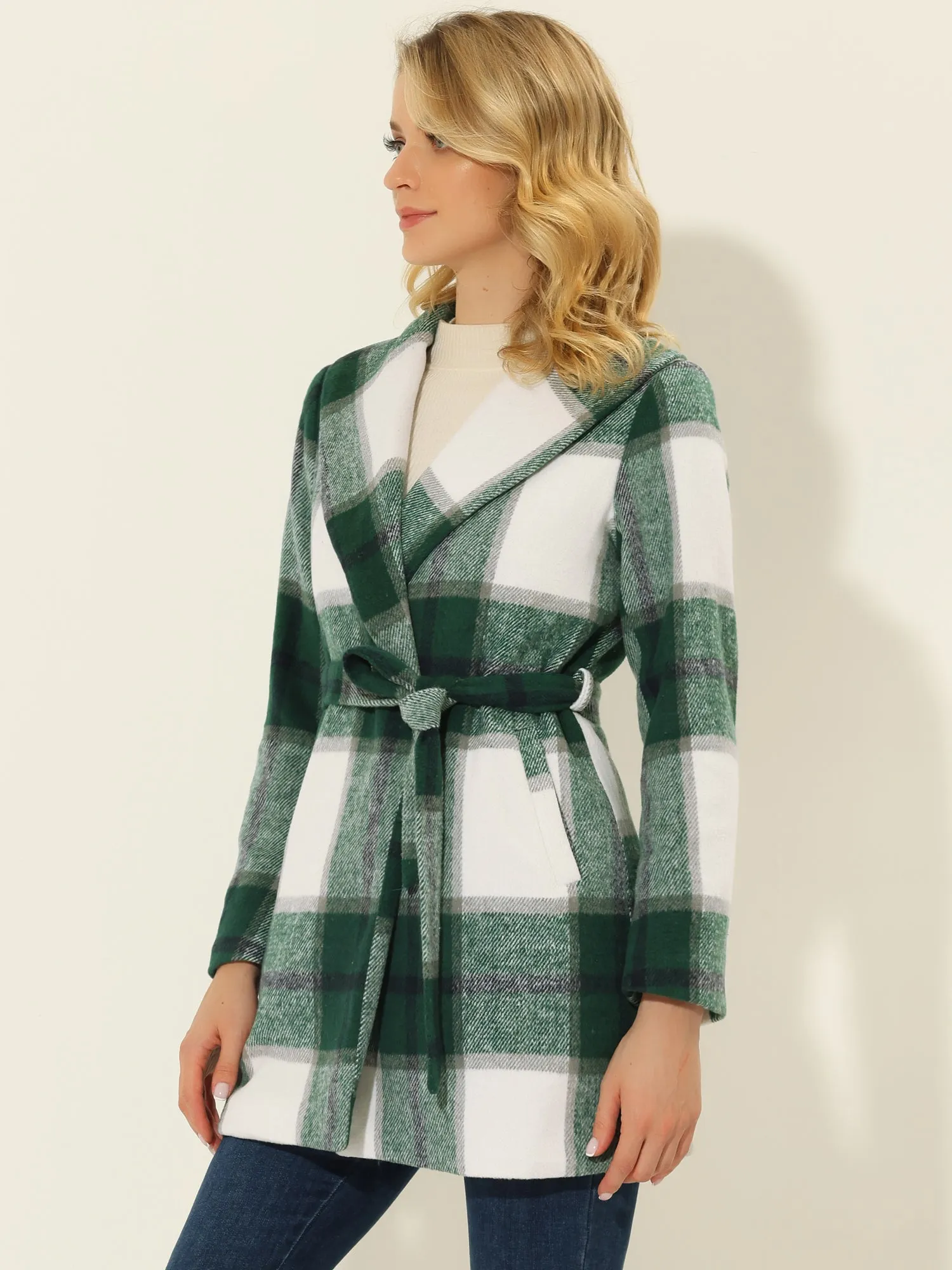 Shawl Collar Check Belted Wrap Plaid Coat with Pockets