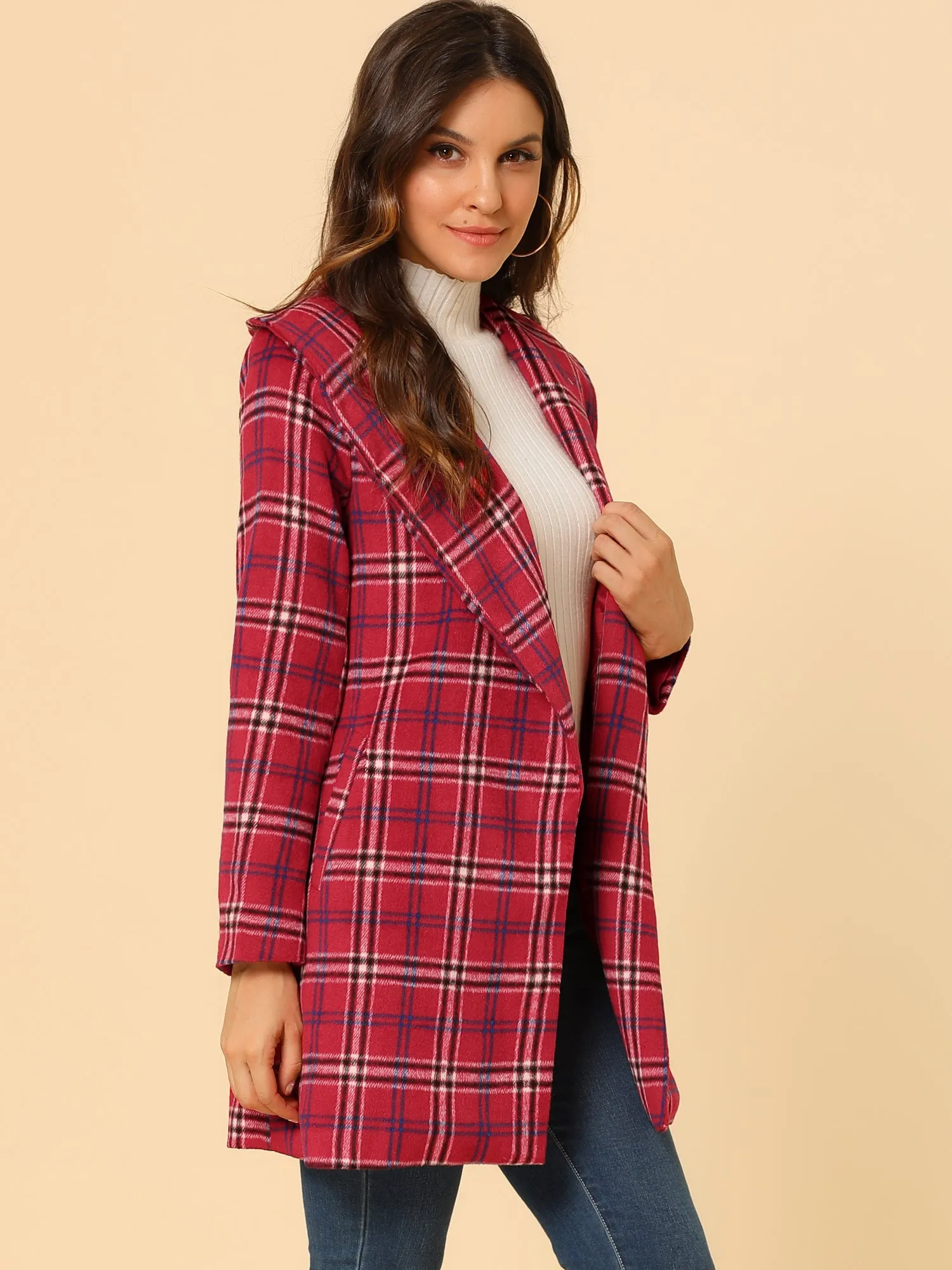 Shawl Collar Check Belted Wrap Plaid Coat with Pockets