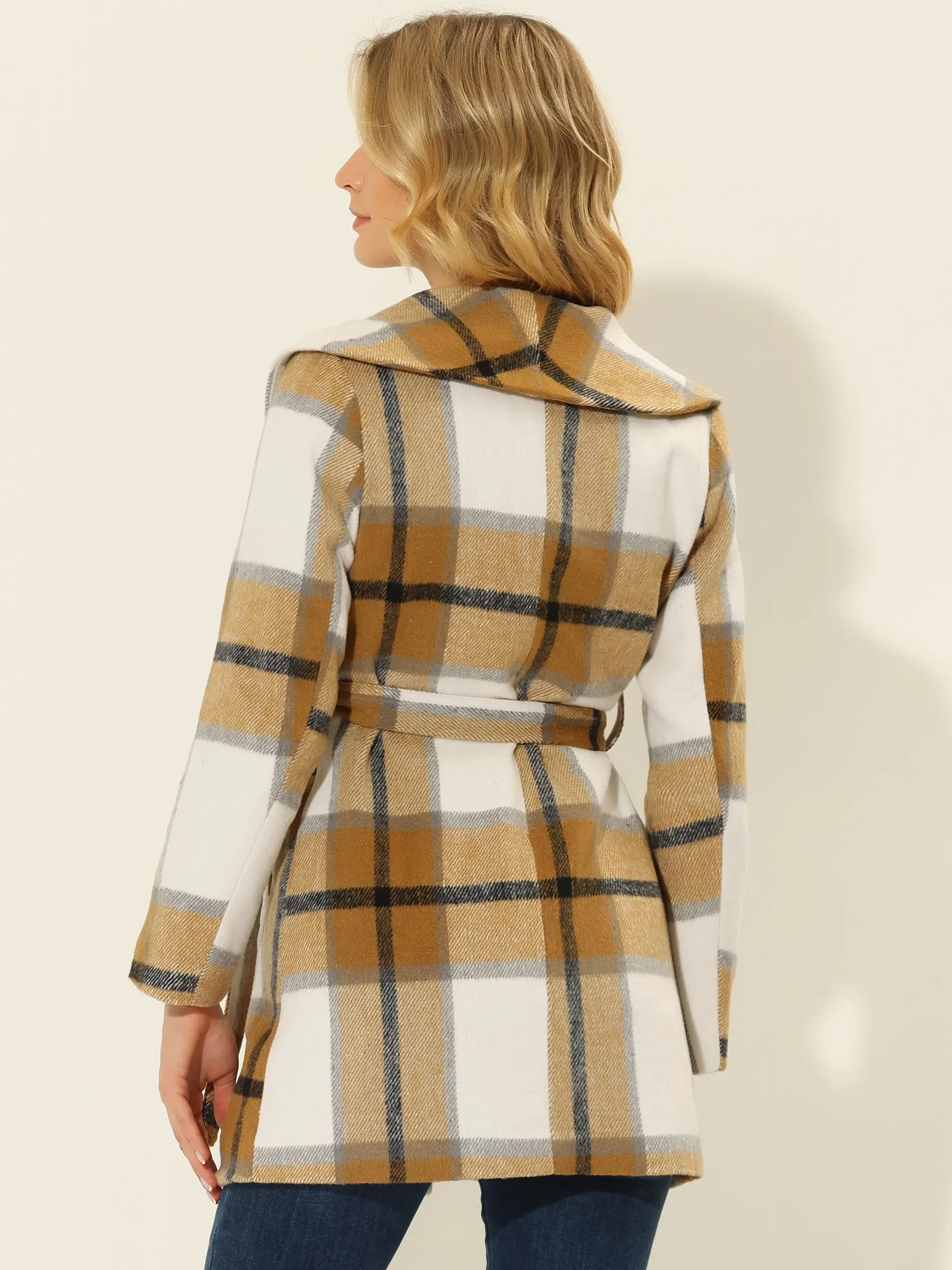 Shawl Collar Check Belted Wrap Plaid Coat with Pockets