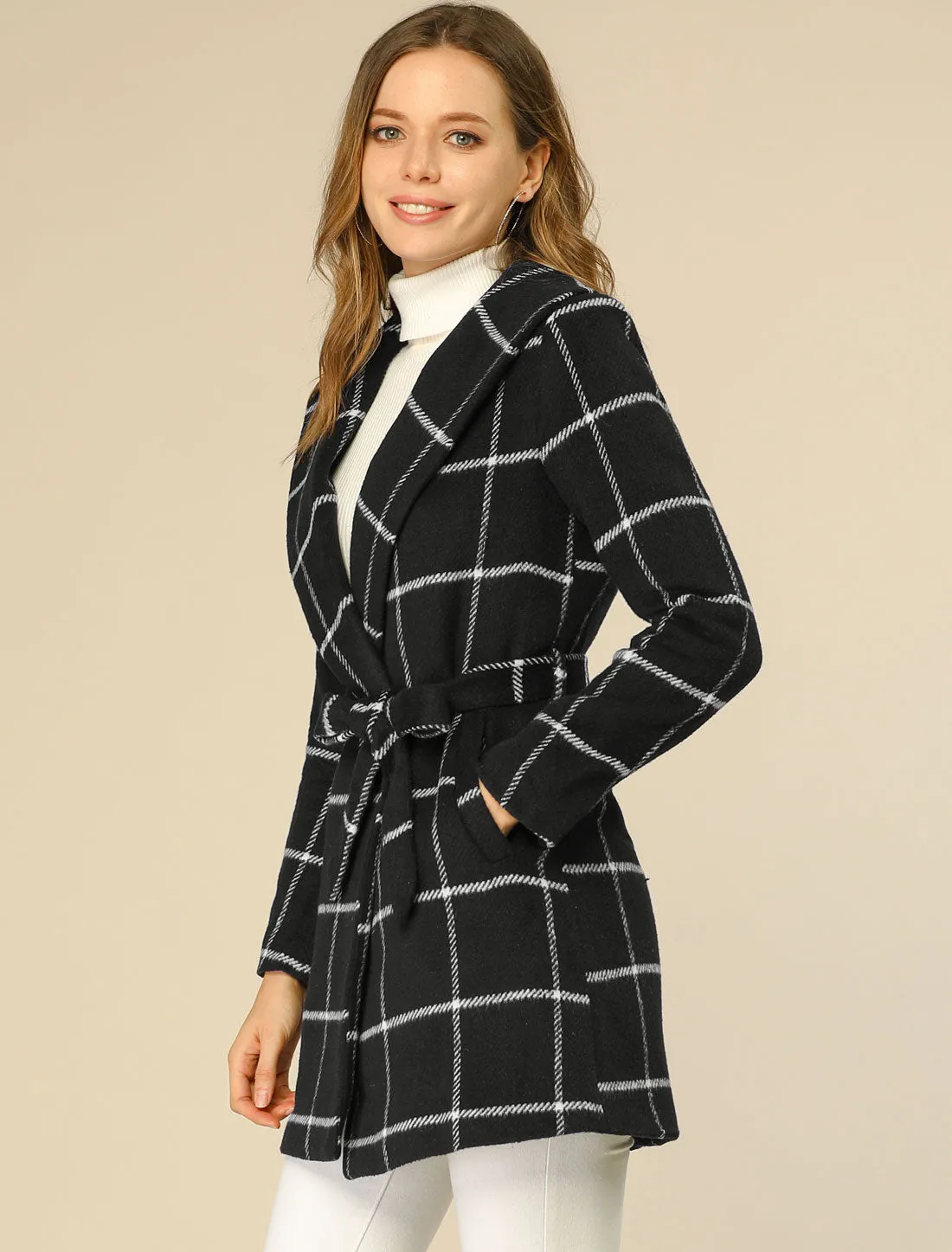 Shawl Collar Check Belted Wrap Plaid Coat with Pockets