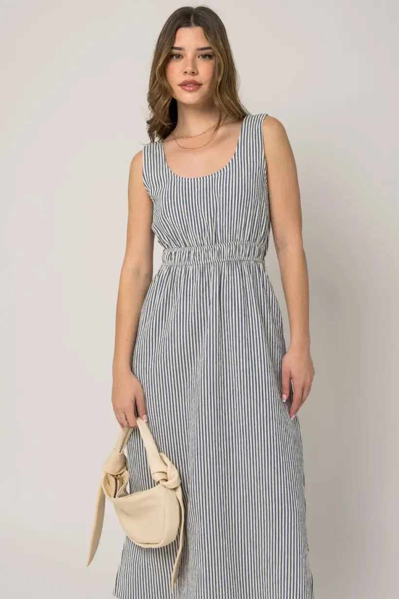 SLEEVELESS STRIPE SIDE SLIT MAXI DRESS