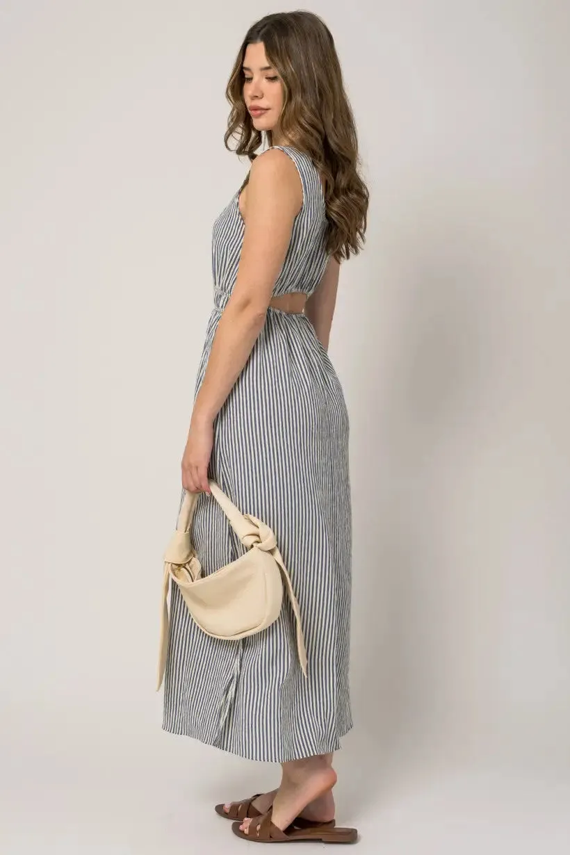 SLEEVELESS STRIPE SIDE SLIT MAXI DRESS