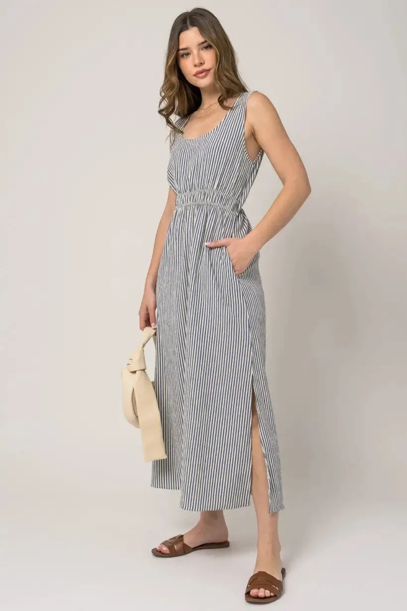 SLEEVELESS STRIPE SIDE SLIT MAXI DRESS