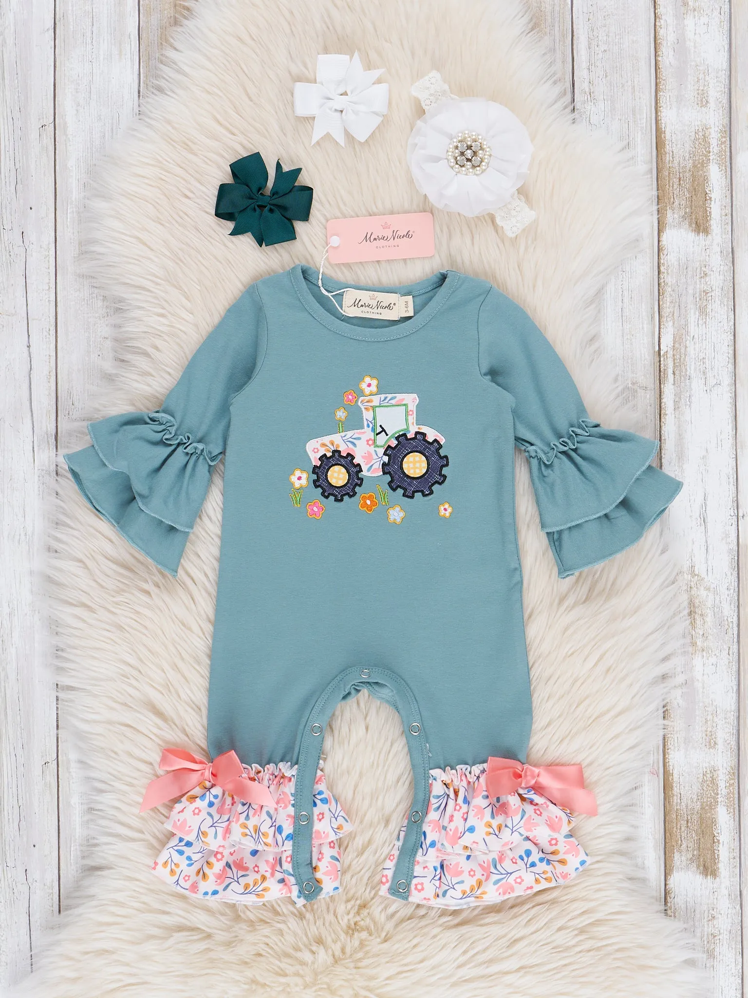 Soft Teal Floral Embroidered Tractor Romper