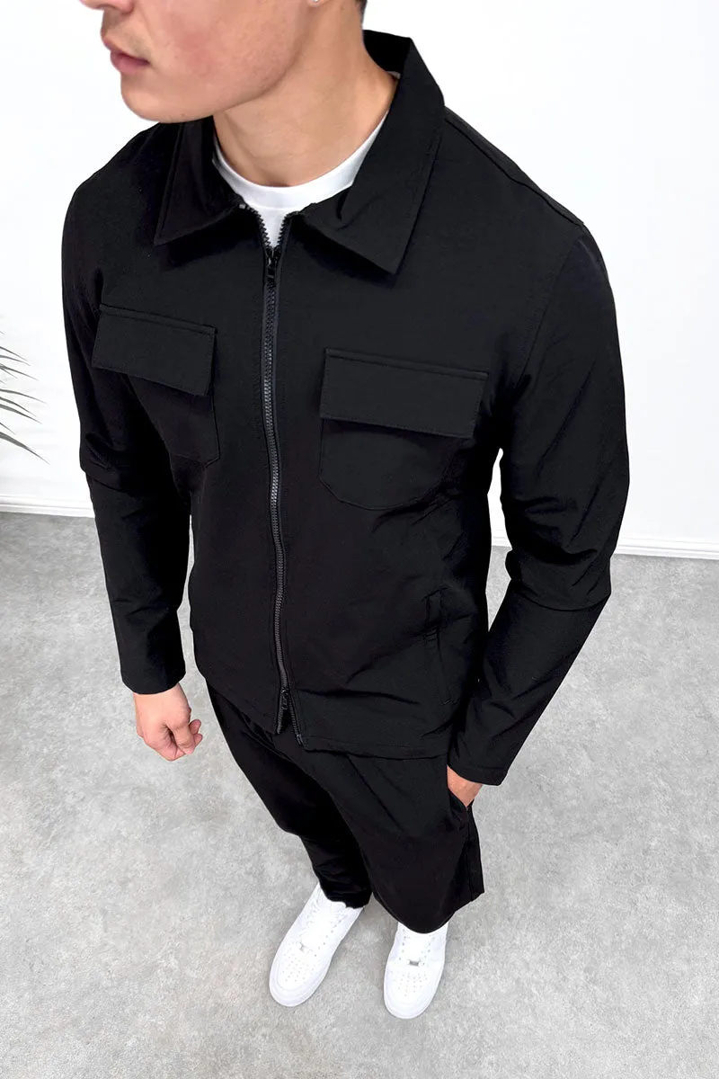 Tailored Cargo Zip-Up Overshirt - Black