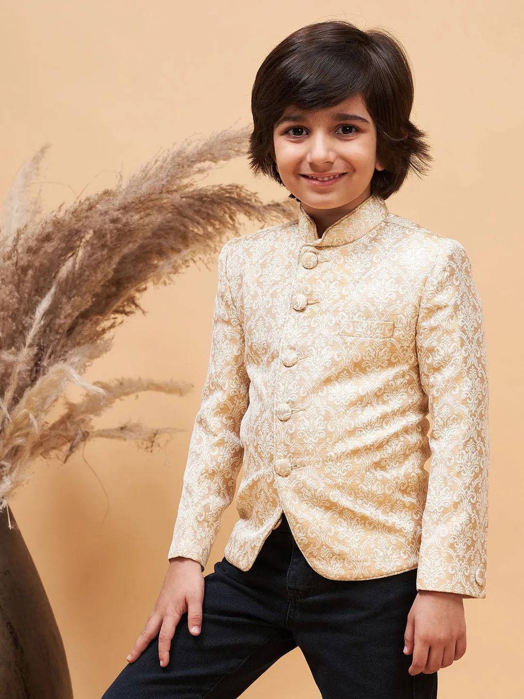 VASTRAMAY Boy's Gold Color Silk Blend Jodhpuri