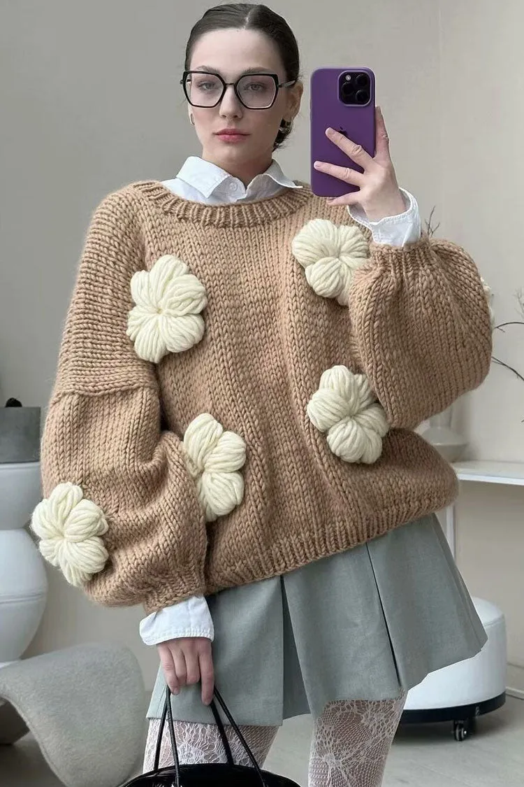 Vintage 3D Flower Oversized Chunky Yarn Winter Crochet Knit Pullover Sweater