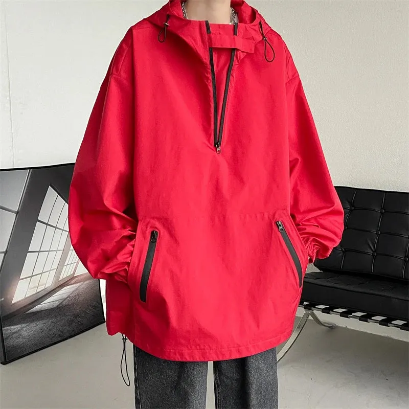 Wiaofellas  - American Half-zip Hooded Punching Jacket Autumn Functional Wind Casual Jacket Loose Workwear Jacket Women Men Clothing