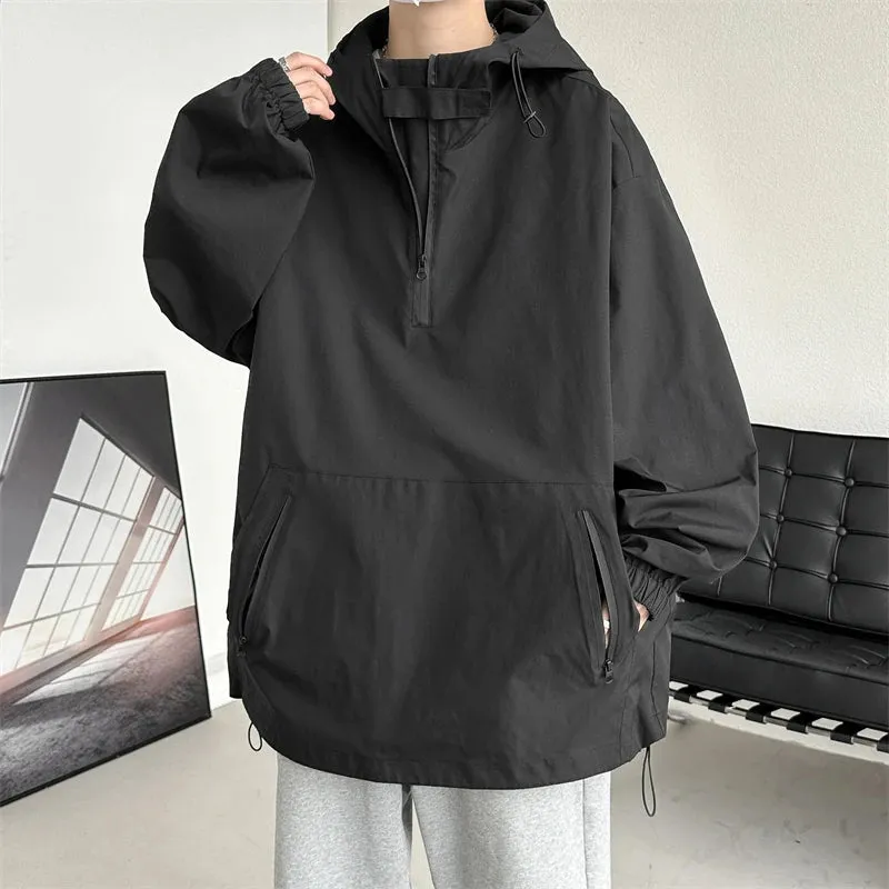 Wiaofellas  - American Half-zip Hooded Punching Jacket Autumn Functional Wind Casual Jacket Loose Workwear Jacket Women Men Clothing