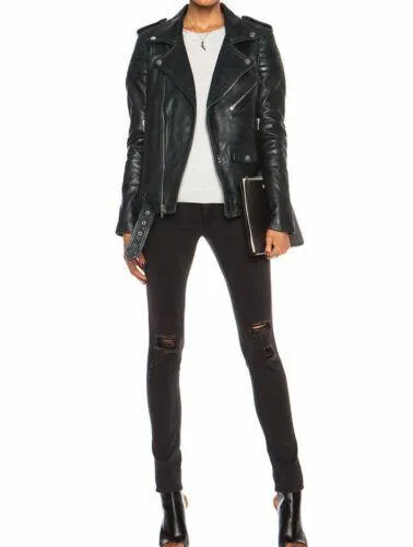 Women Leather Jacket Black Slim Fit Biker Motorcycle lambskin-All Sizes