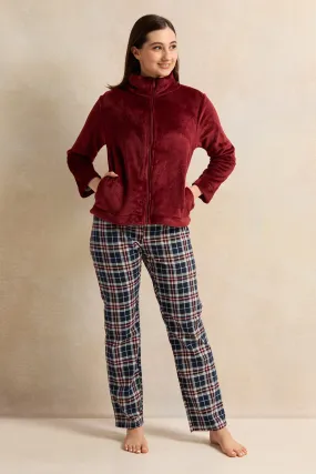 Women White And Burgundy Checkered Pyjama Set (3 Piece)