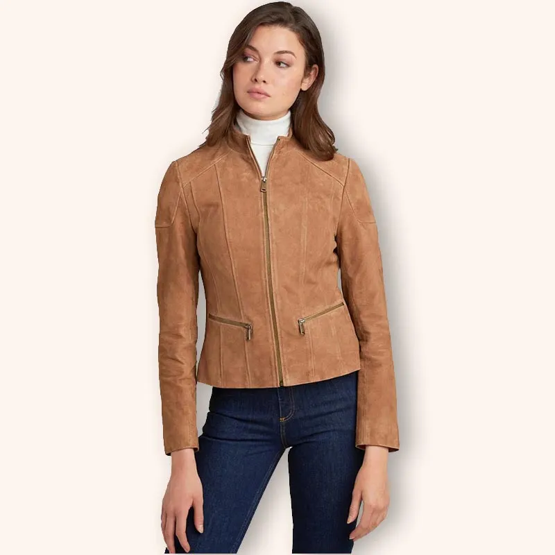 Women's Tan Brown Suede Leather Biker Jacket